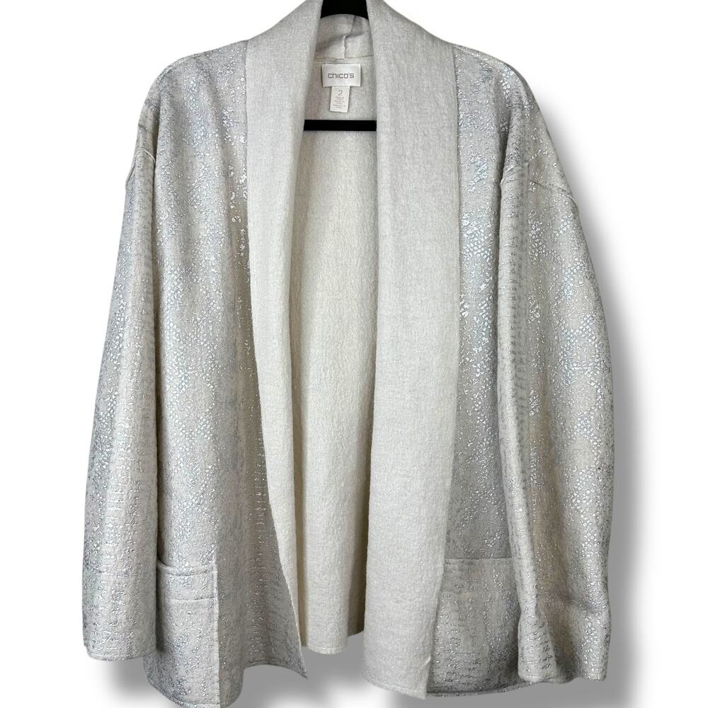 Chico's 100% Boiled Wool Open-Front Cream Silver Metallic Overlay Sweater Jacket